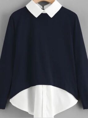 Black and White Knit Layered Collared Women's Top